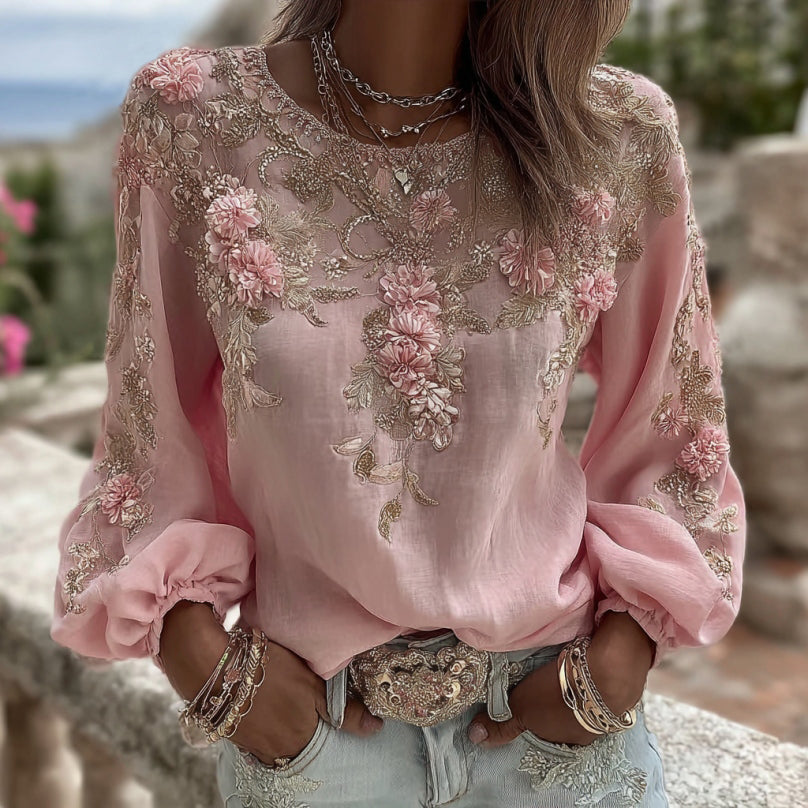 Comstylish Women's Vintage Pink Rose Embroidery Art Round Neck Long Sleeve Linen Blend T-shirt