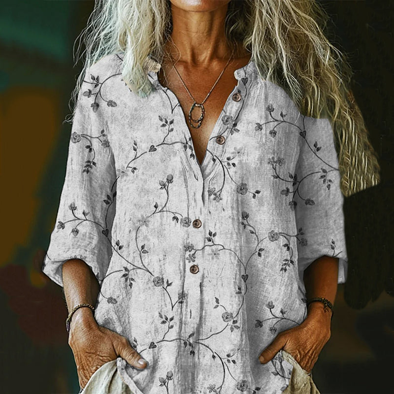 Women's Vintage Floral  Art Print Casual Cotton And Linen Shirt artswardrobe