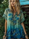 Blue Sequins Floral Boho Art Women's V-neck Short Sleeve Long Shirt artswardrobe