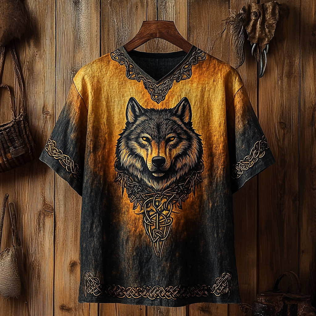 Men's Viking Celtic Wolf Art Gradient Linen T-shirt artswardrobe