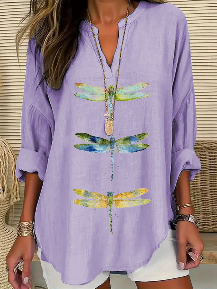 Comstylish Women's Dragonfly Print Casual Shirt