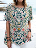 Women's Elegant Vintage Floral Pattern Cotton and Linen Top