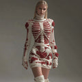 Comstylish Women's Halloween Skeleton Rose Round Neck Mini Skirt