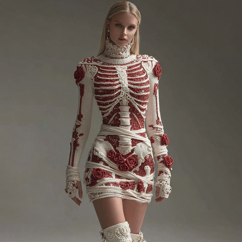 Comstylish Women's Halloween Skeleton Rose Round Neck Mini Skirt