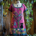 Retro Pop Black Cat And Floral Applique Art Dress artswardrobe