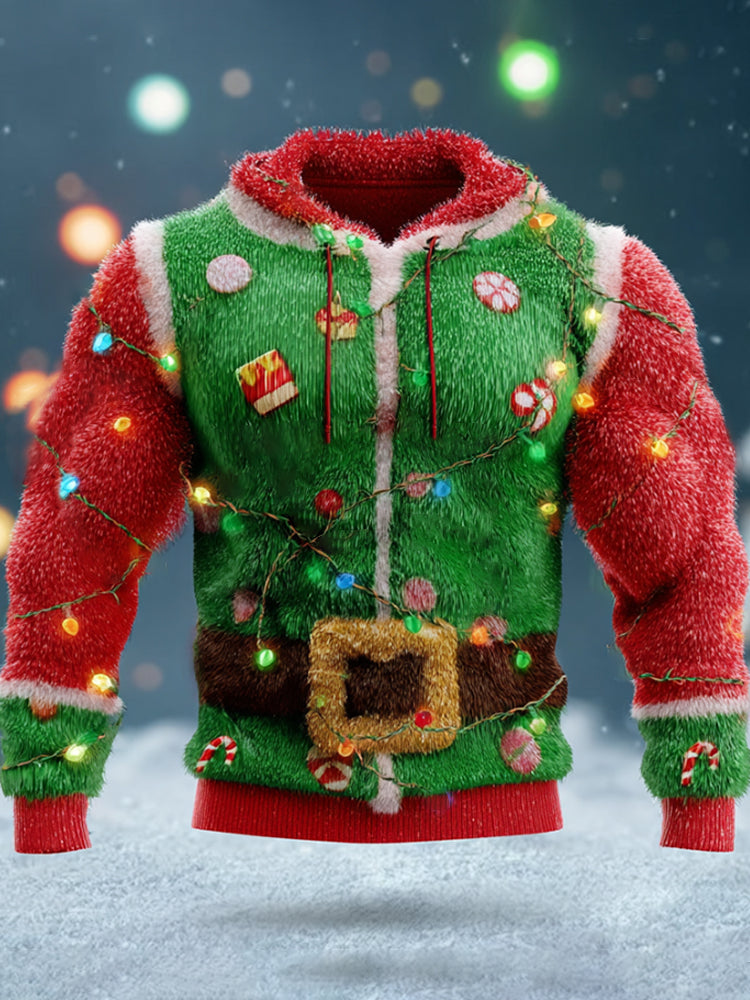 Comstylish Christmas Lights And Santa Claus Color-blocked Plush Hoodie