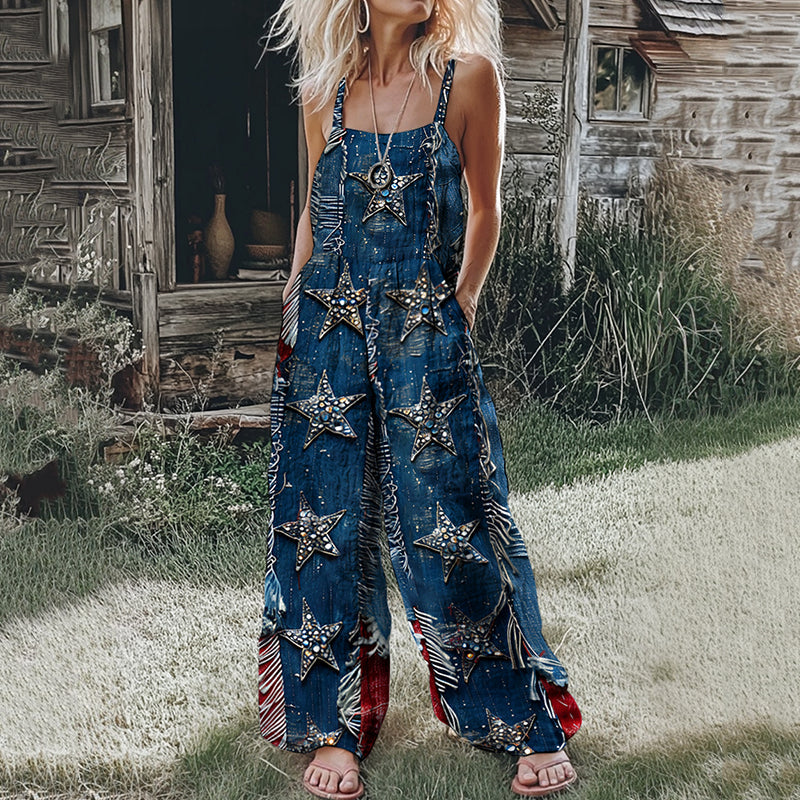 Women's Retro Independence Day Star Print Jumpsuit artswardrobe