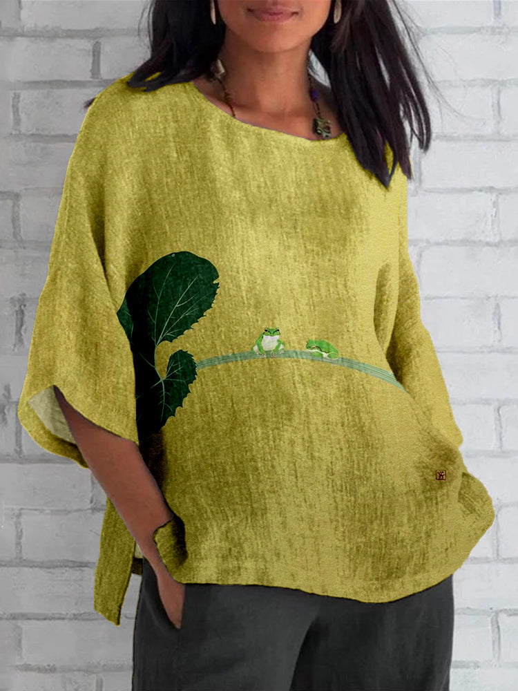 Comstylish Vintage Japanese Frog Linen Blend Cozy Tunic