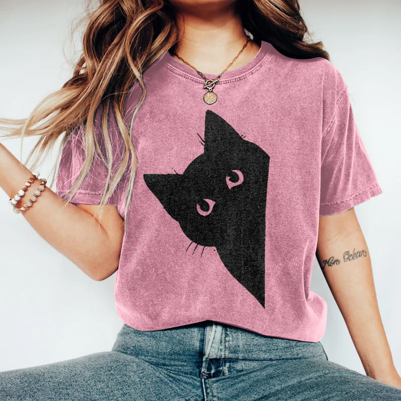 Women's Peek-A-Boo Hiding Black Cat Printed T-Shirt elevenforest