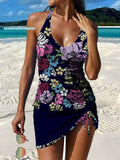 Vintage Flowers Print Pleated Drawstring V-neck Tankini Pantskirt Set Swimsuit