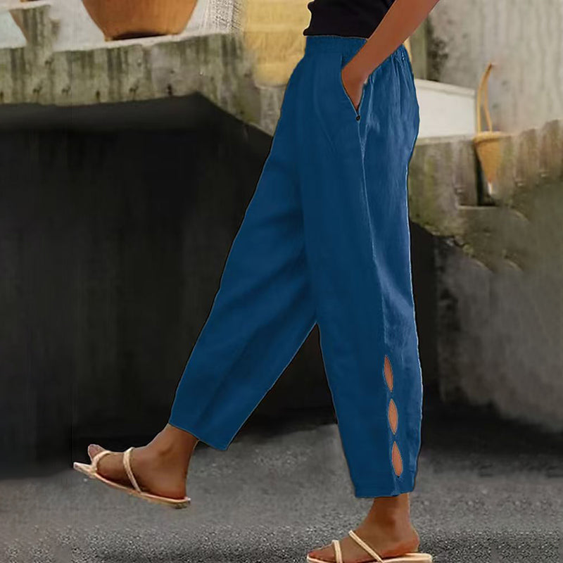 Women's Vintage Hollow Design Solid Color Linen Casual Pants artswardrobe