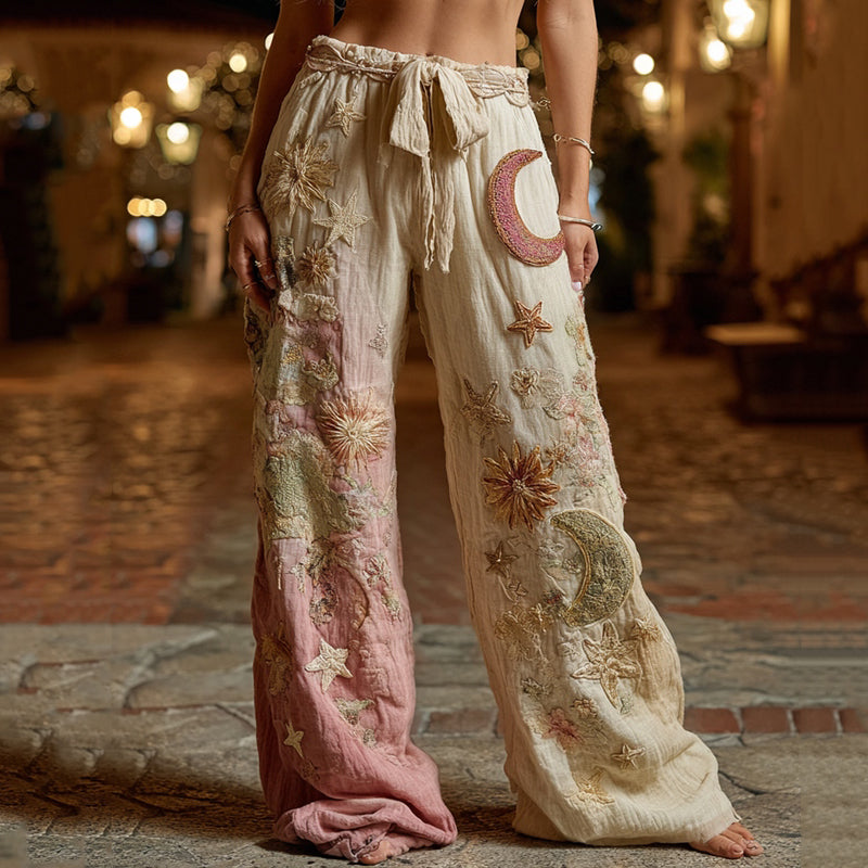 Star And Moon Embroidered Contrasting Linen Casual Pants