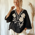 Comstylish Women's Vintage Floral Pattern Cotton And Linen V-neck Comfort Shirt