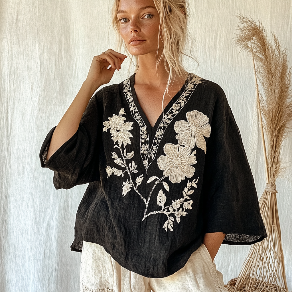 Women's Vintage Floral Pattern Cotton And Linen V-neck Comfort Shirt artswardrobe