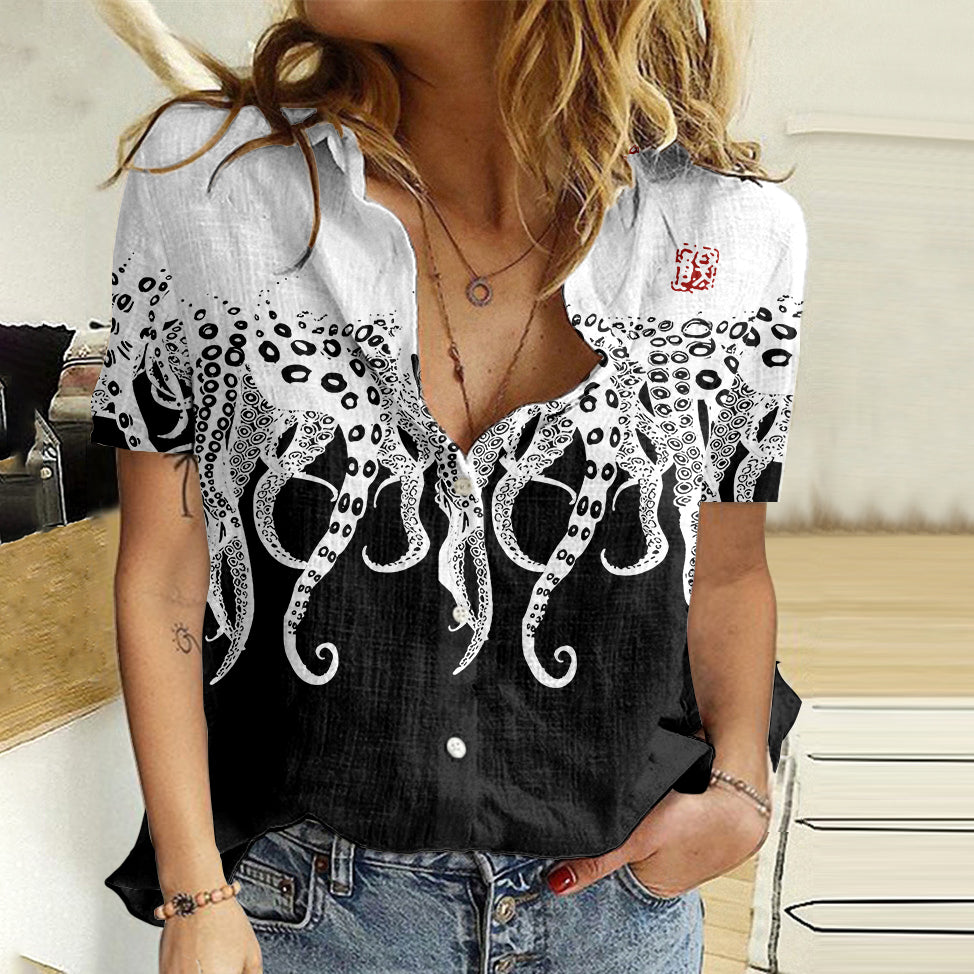 Comstylish Japanese Sea Life Octopus Legs Lino Art Linen Blend Blouse