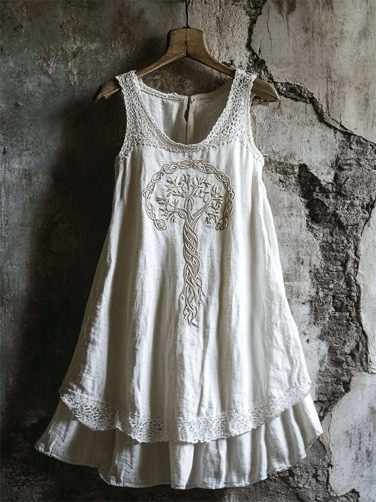 Boho Celtic Tree Of Life Lace Patchwork Layered Linen Dress artswardrobe