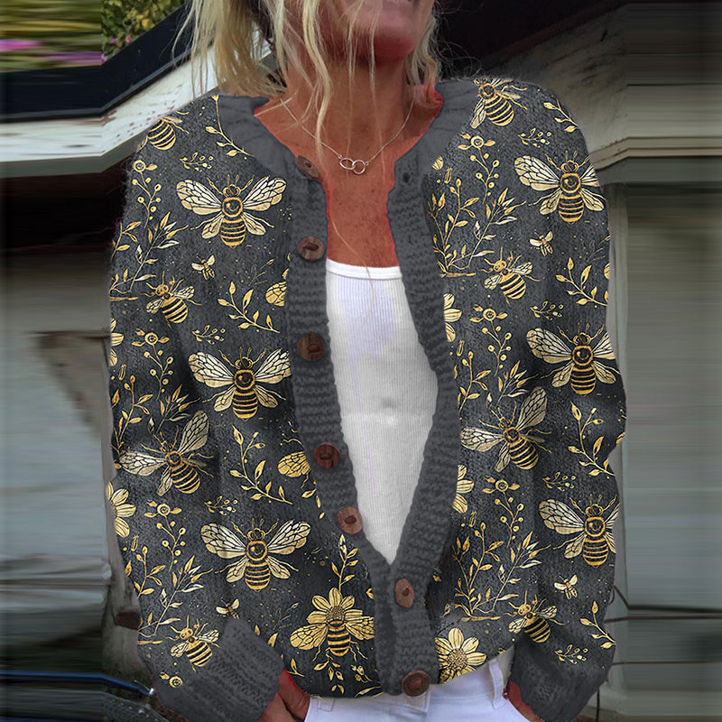 Comstylish Vintage Bees And Flowers Botanical Art Print Pattern Cozy Hooded Cardigan Sweater