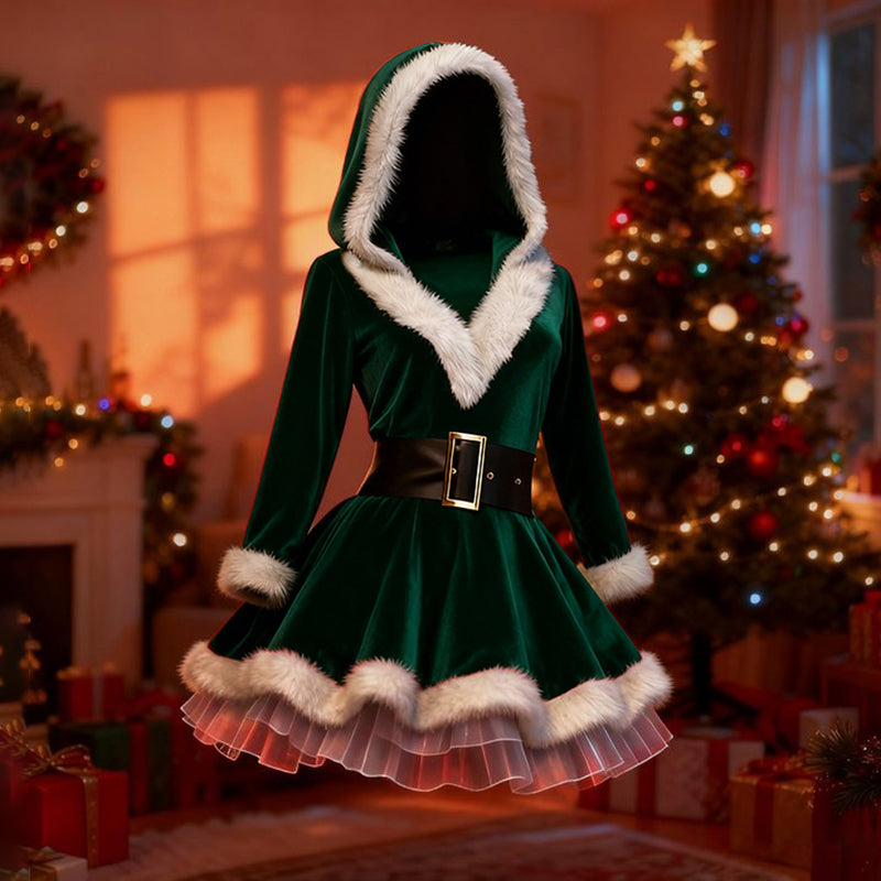 Comstylish Retro Christmas Outfit Fluffy Velvet Hooded Dress（includes Belt And Inner Skirt）