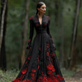 Comstylish Halloween Rose Gothic-style Women's V-neck Flowing Maxi Dress
