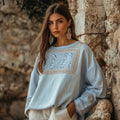 Vintage Greek Key Motif Patchwork Cotton Linen Long Sleeves Shirt artswardrobe