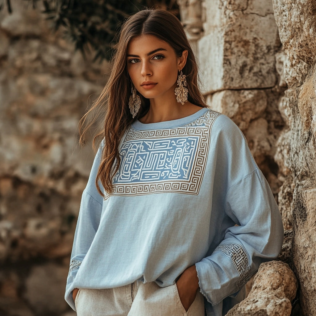 Vintage Greek Key Motif Patchwork Cotton Linen Long Sleeves Shirt artswardrobe