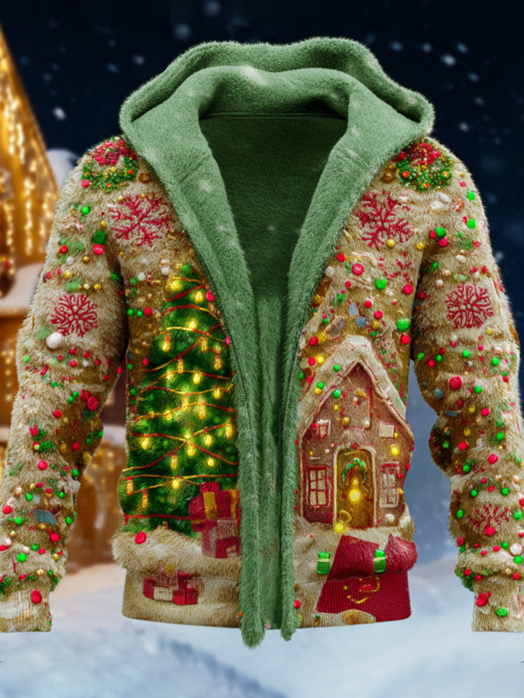 Comstylish Christmas Colorful House Embroidery Zipper Cardigan