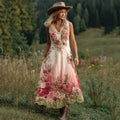 Love & Health Collection Retro Western Women Style Vintage Rose And Floral Patchwork Art V Neck Linen Maxi Dress artswardrobe