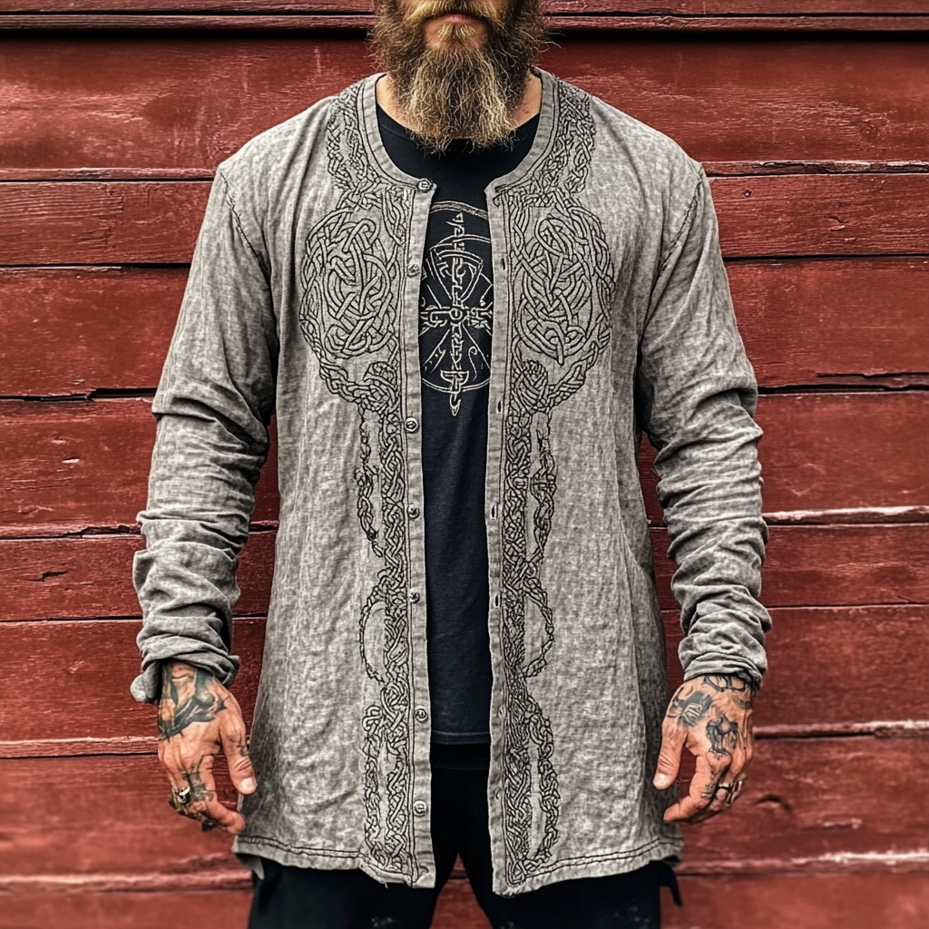Men's Vintage Viking Rune Print Linen Button Cardigan artswardrobe