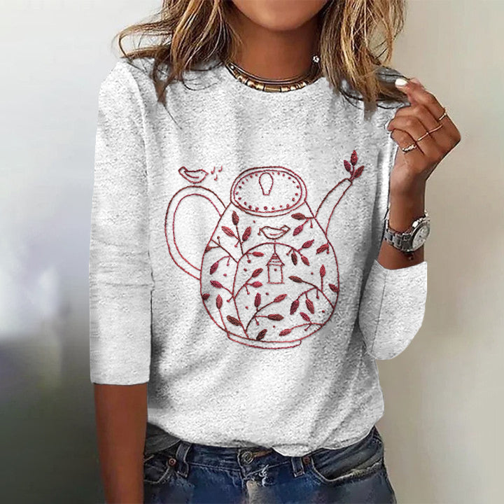 Women's Vintage Teapot Bird Embroidery V-neck T-shirt artswardrobe