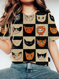 Strange Cats Print Short Sleeve T-Shirt elevenforest