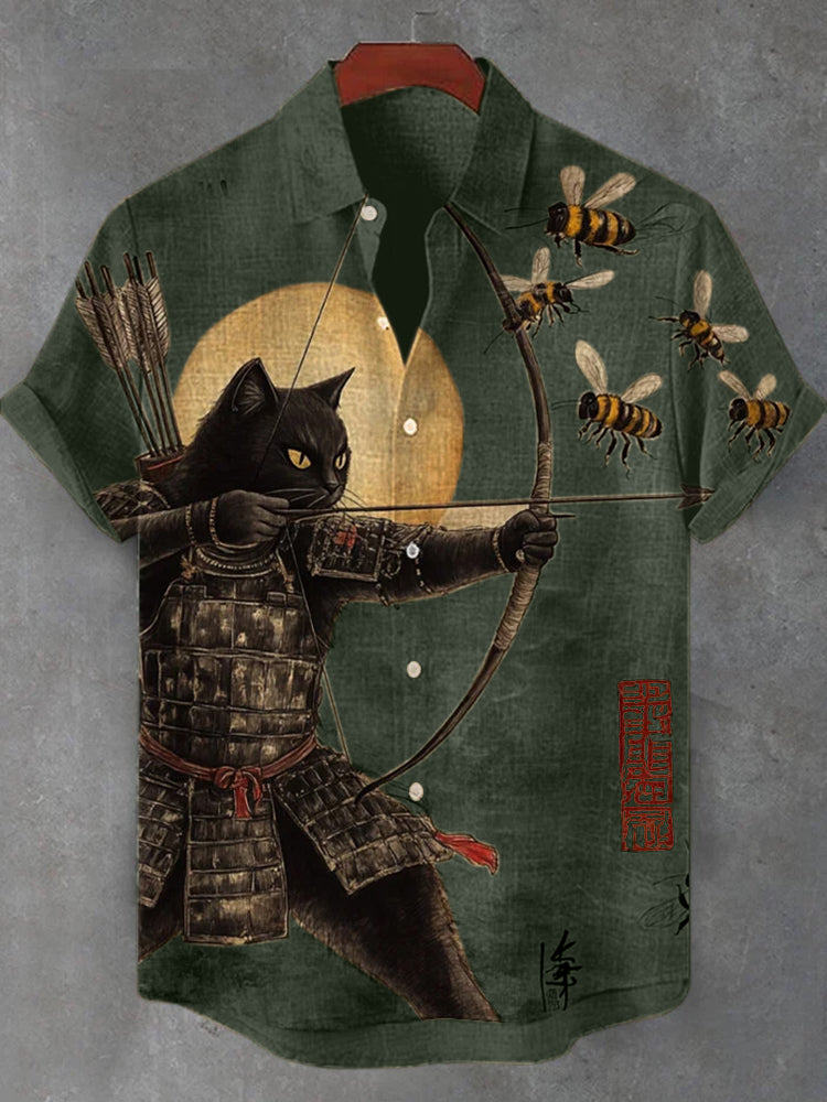 Men's Black Cat Tribal Warrior Japanese Kyudo Print Short Sleeve Shirt elevenforest