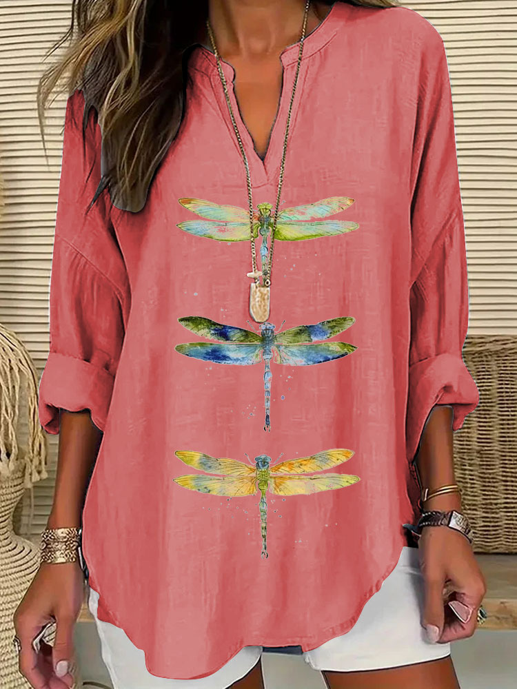 Comstylish Women's Dragonfly Print Casual Shirt