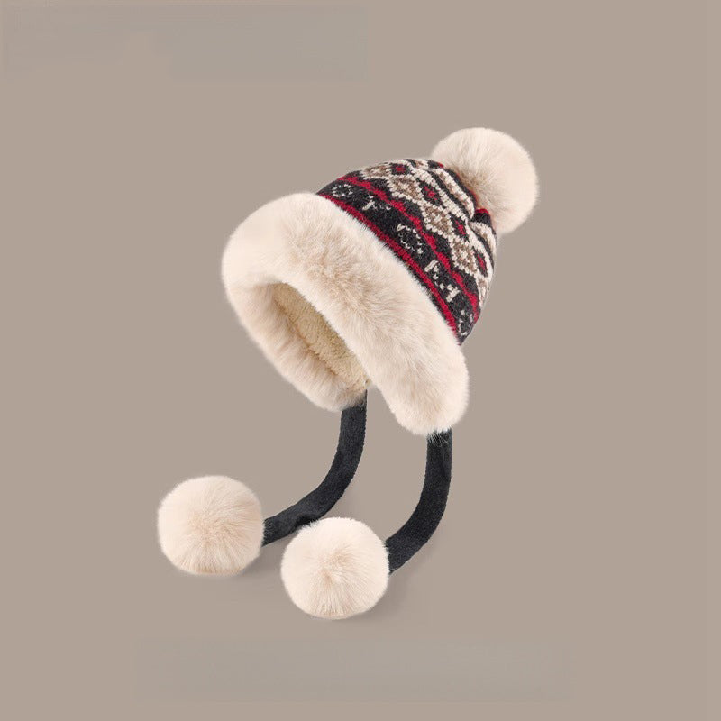 Comstylish Vintage Fair Isle Knit Cozy Fur Trim Fleece Liner Hat