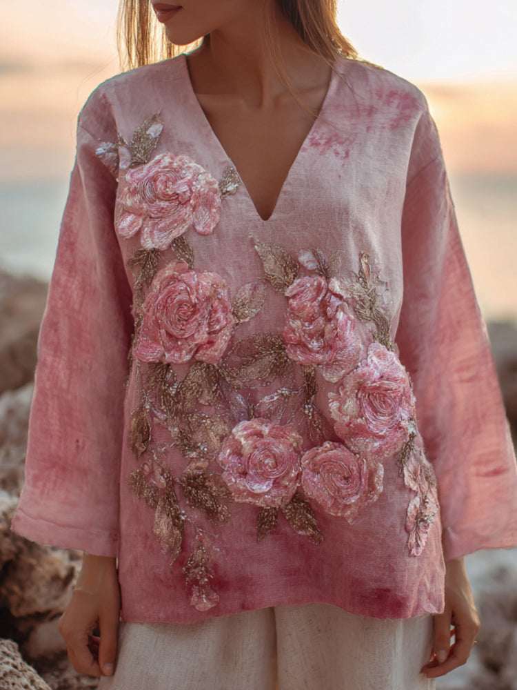 Glitter Pink Roses Embroidered V Neck Linen Tunic artswardrobe