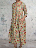 Women's Elegant Floral Classic Round Neck Cotton and Linen Dress
