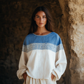 Vintage Greek Key Art Embroidered Linen Blend T-shirt artswardrobe