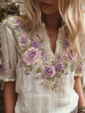 Comstylish Bohemian Lace Floral Embroidery Women's Linen V-neck Short Sleeve Shirt