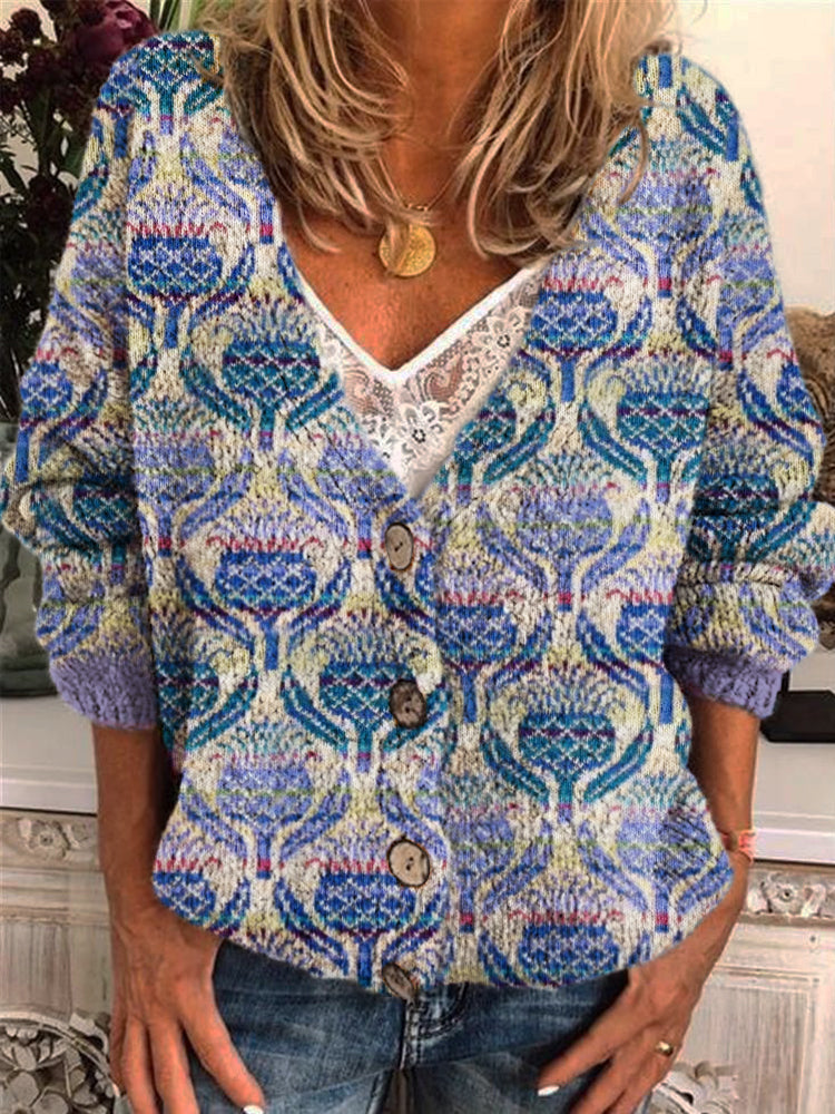 Elegant Scottish Thistle Flower Women's Knitted Cardigan artswardrobe