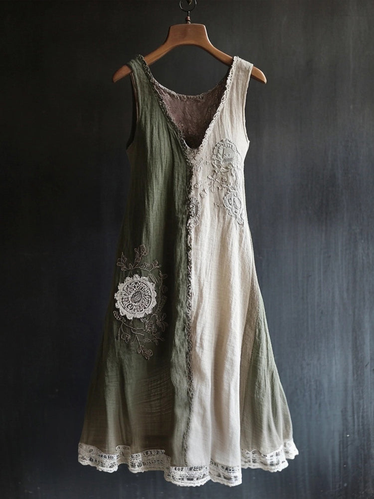 Vintage Lace Patchwork V Neck Linen Tank Dress artswardrobe