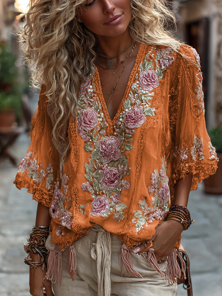 Women's Vintage Rose Embroidery Art Comfy Linen Shirts artswardrobe