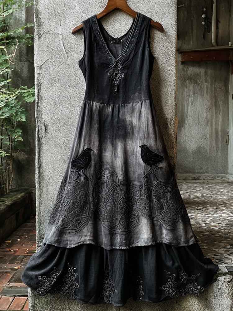 Comstylish Women's Halloween Crow Embroidered Ancient Sleeveless Dress