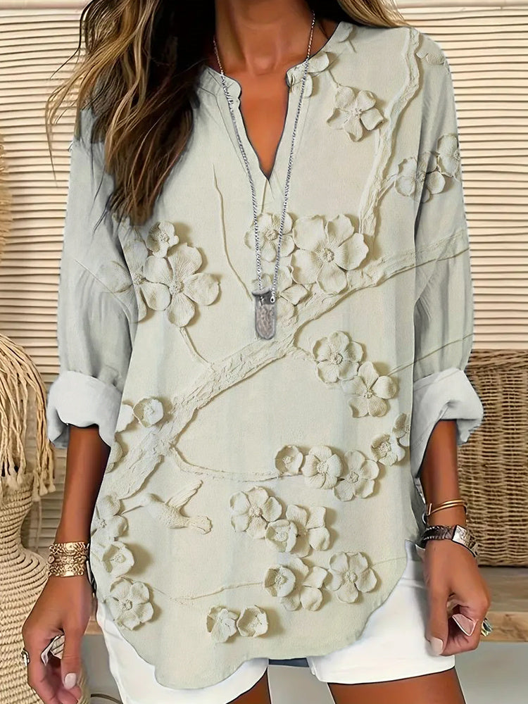 Comstylish Embossed Plum Art Linen V-Neck Shirt