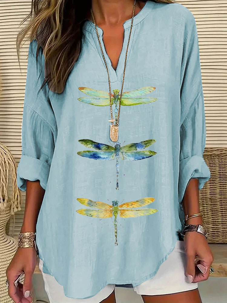 Comstylish Women's Dragonfly Print Casual Shirt