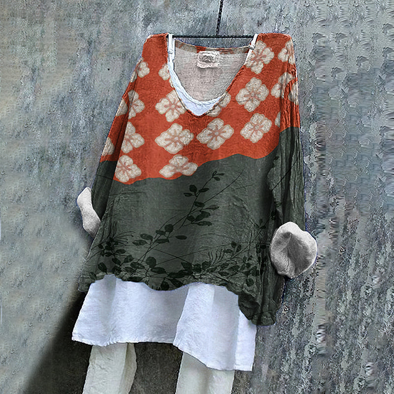 Comstylish Japanese Art Flower Print V-Neck Blouse