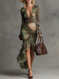 Western Retro Green Tiger-print Velvet Print With Lace Trim Midi Dress