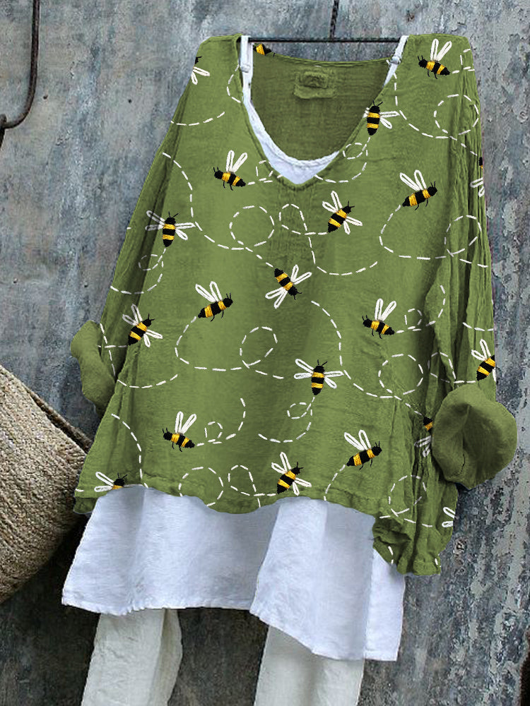Comstylish Flying Bees Embroidery Pattern Linen Blend Tunic