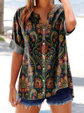 Women's Ethnic Flower Art Print Casual Cotton And Linen Short Sleeve S