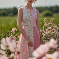 Vintage Cottagecore Pink Floral Patchwork Linen Maxi Dress artswardrobe