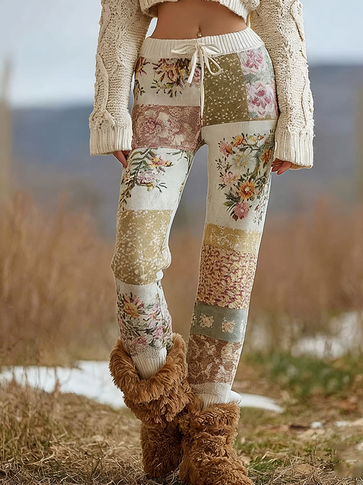 Comstylish Bohemian Style Women's Winter Warm Knitted Straight-leg Long Pants