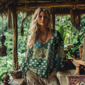 Comstylish Vintage Tribal Floral Art Cotton Linen Casual Shirt